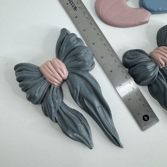 Vtg Set of Blue & Pink Bows Home Interior Wall Hangings Burnwood Hearts 5 Pieces - Picture 4 of 9